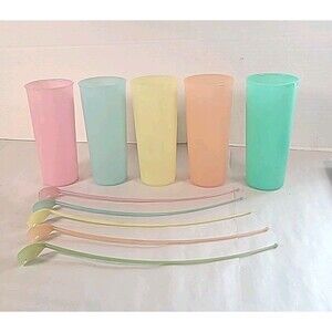 Vintage Tupperware Set Of 5 Ice Tea Cups Tumblers W/ Matching Spoons Pastel